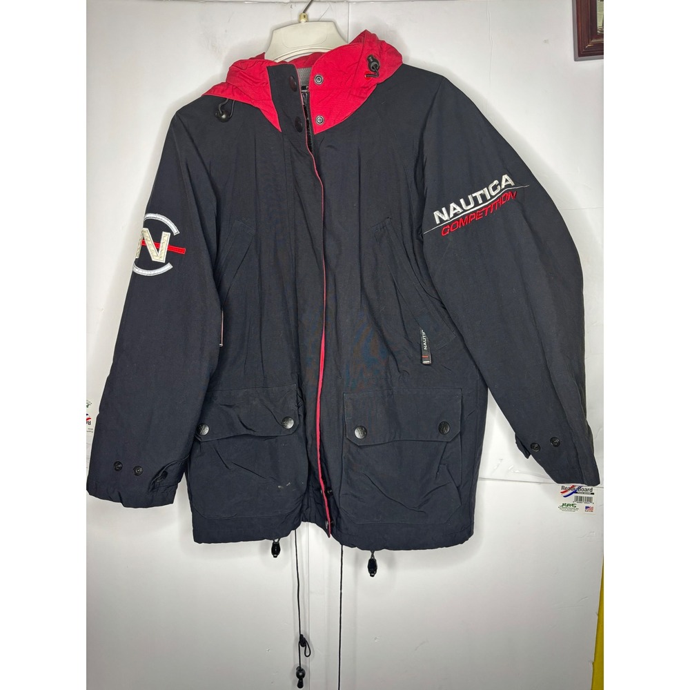 Nautica Competition Mens Vintage Sailing Jacket Black Red Hooded Parka Size M‎